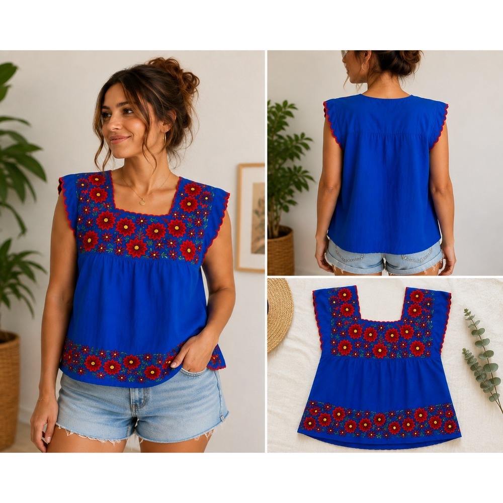 Vintage Mexican Embroidered Peasant Blouse Blue Red‎ Floral Square Neck S M